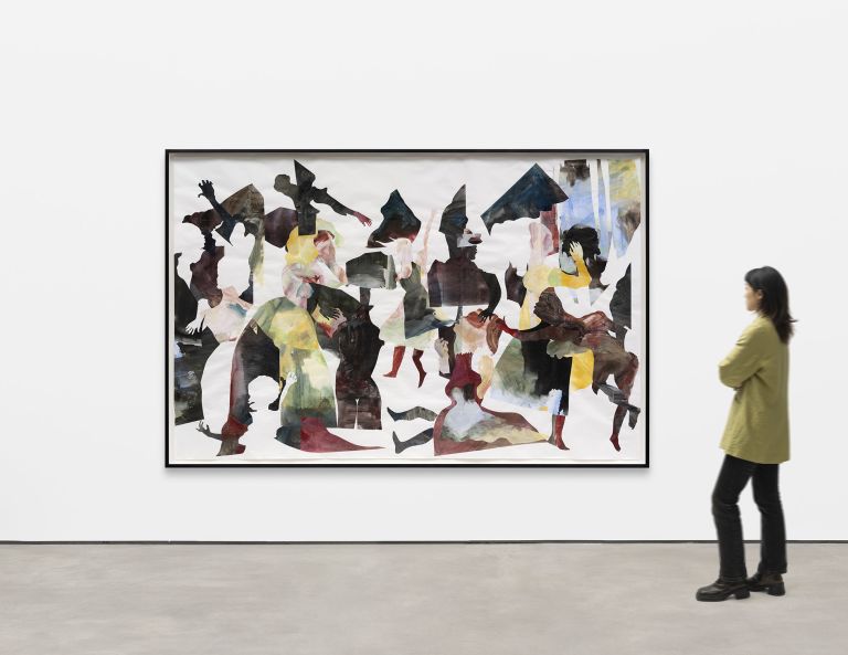 Abstract composition of overlapping silhouetted figures in dynamic poses with translucent watercolor overlays in earth tones and jewel colors against white background.