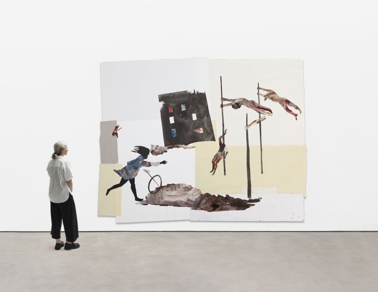 Watercolor illustration of acrobatic figures performing around architectural elements and poles, including upside-down poses and geometric shapes in muted tones.