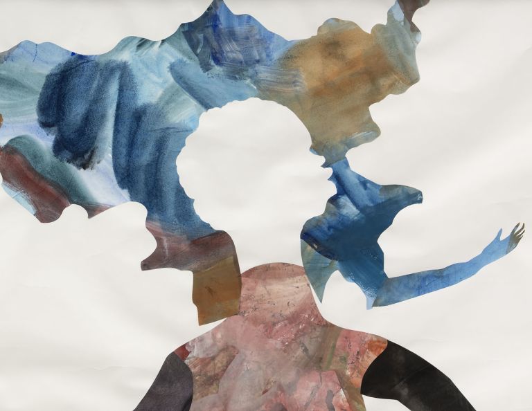 Circular composition of multiple figure silhouettes arranged radially around center, layered with blue, red, and earth-tone watercolor washes.