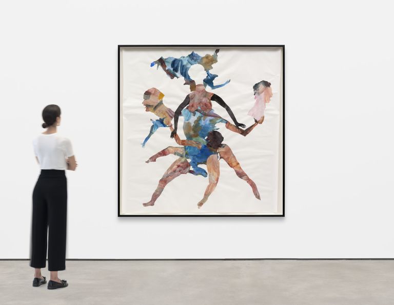 Circular composition of multiple figure silhouettes arranged radially around center, layered with blue, red, and earth-tone watercolor washes.