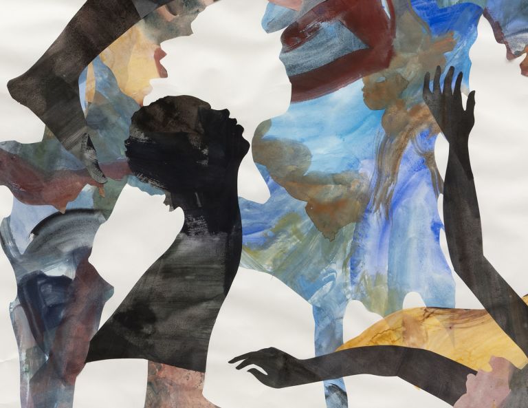 Ring formation of interconnected black silhouettes of figures with multicolored watercolor overlays, creating an interlocking group composition.