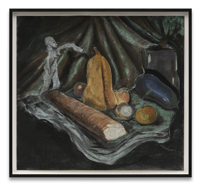Still life painting with bread, squash, and produce arranged on draped green and gray fabric against a dark background.
