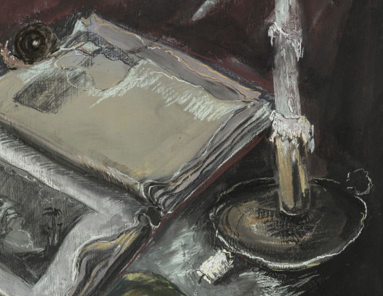 Vanitas still life featuring a skull, open books, candle, and wilted flowers arranged under burgundy drapes on dark ground.