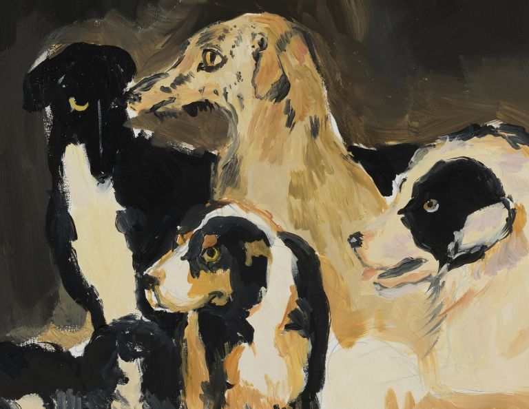 Painting of seven dogs in warm brown and black tones resting on dark background.