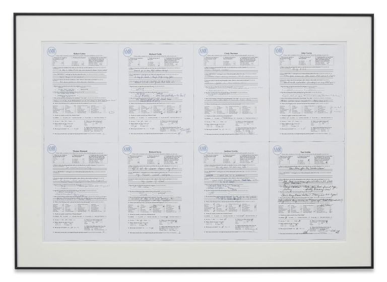 Eight completed assessment forms with handwritten responses arranged in a 2x4 grid, each marked with AMR logo at top