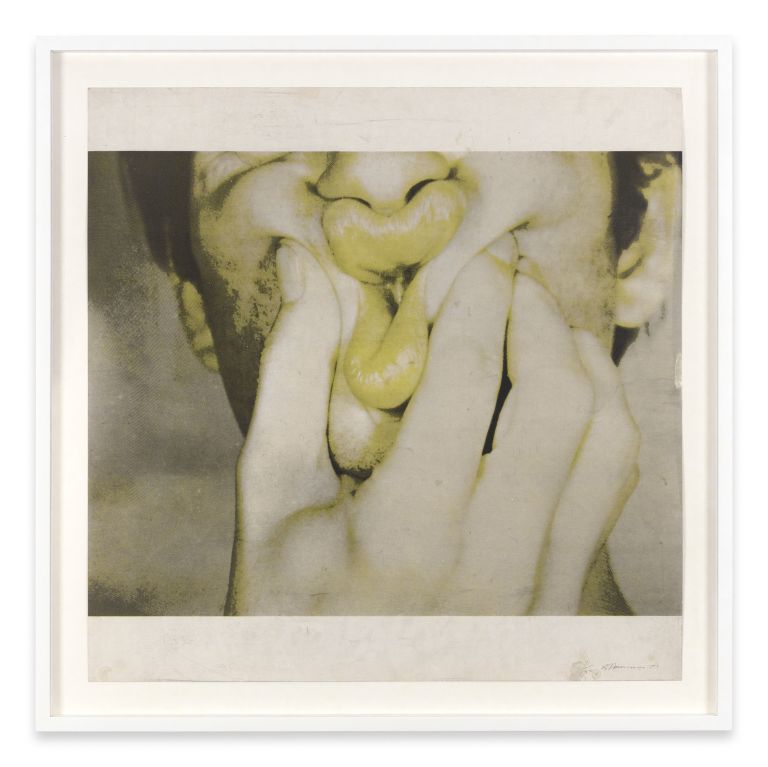 Five framed photographs arranged in a cross pattern showing close-up images of hands covering facial features, tinted yellow-green