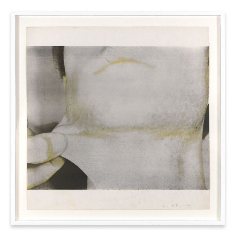 Five framed photographs arranged in a cross pattern showing close-up images of hands covering facial features, tinted yellow-green