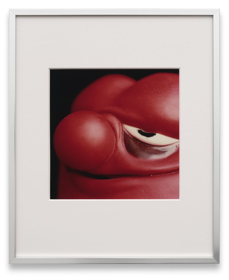 Close-up photograph of a red dog toy with glossy surface and visible details, framed with white matting against black background