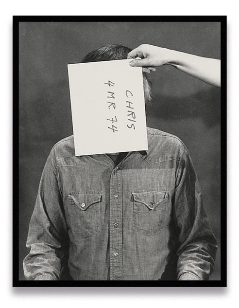 Six sequential black-and-white portraits of person in denim shirt with paper covering face displaying handwritten text