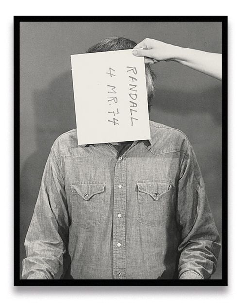 Six sequential black-and-white portraits of person in denim shirt with paper covering face displaying handwritten text