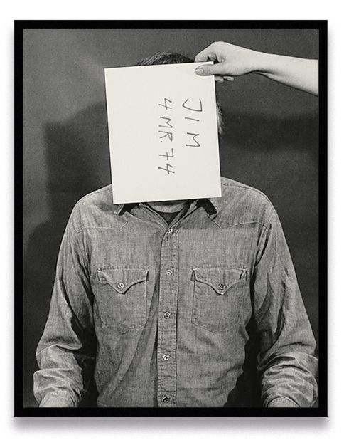 Six sequential black-and-white portraits of person in denim shirt with paper covering face displaying handwritten text