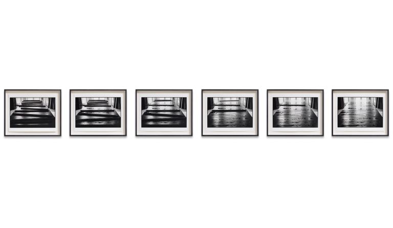 Six identical framed photographs in a horizontal row showing perspective view down a wooden pier or boardwalk in black and white