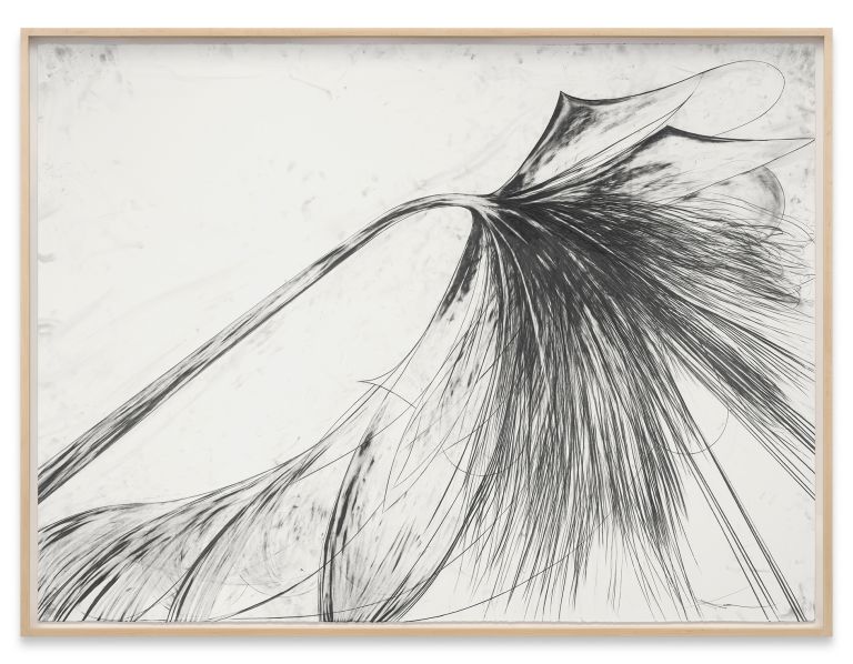 Framed abstract drawing with explosive black lines radiating outward on white background