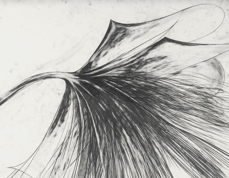 Framed abstract drawing with explosive black lines radiating outward on white background