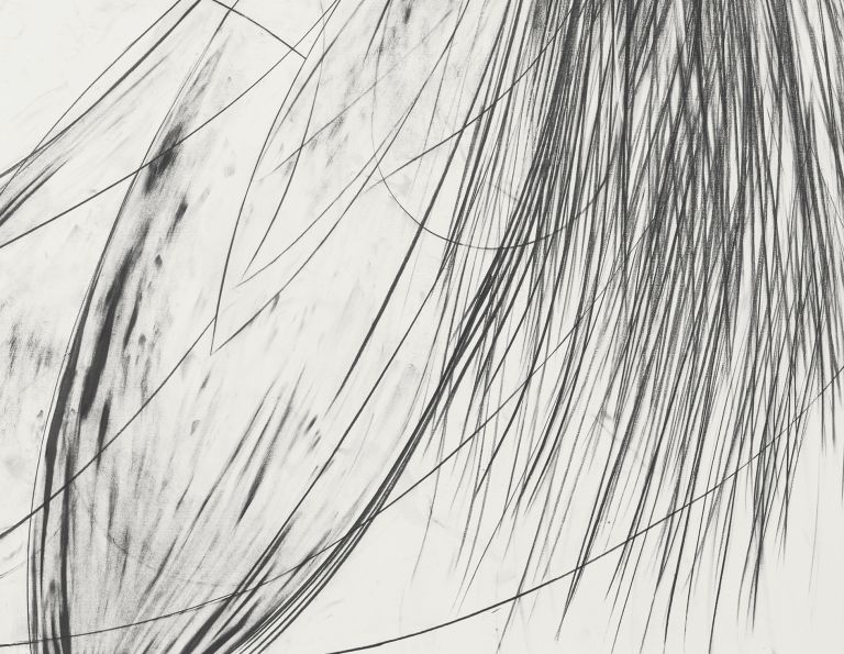 Framed abstract drawing with explosive black lines radiating outward on white background