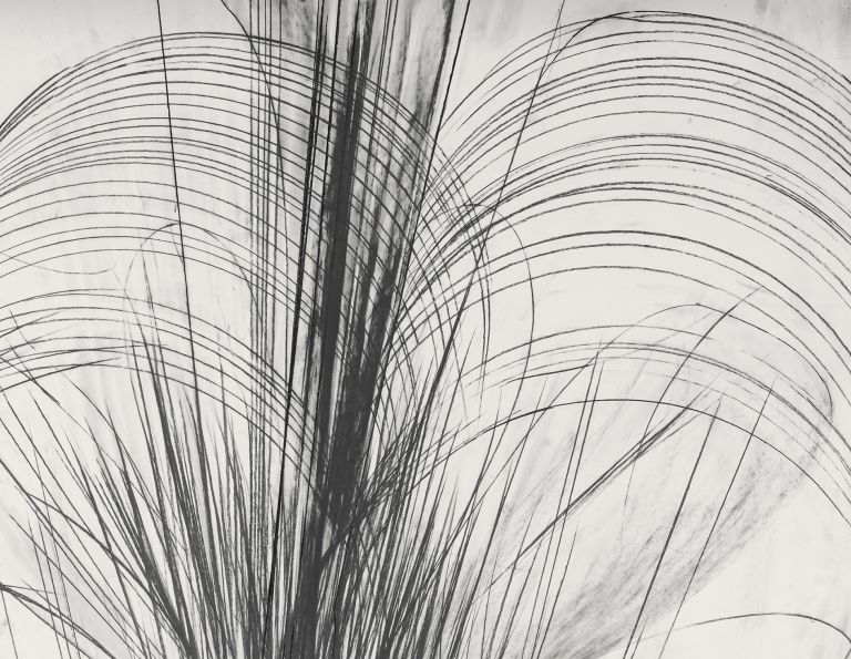 Framed abstract drawing showing heart-shaped black graphite burst with flowing radiating lines