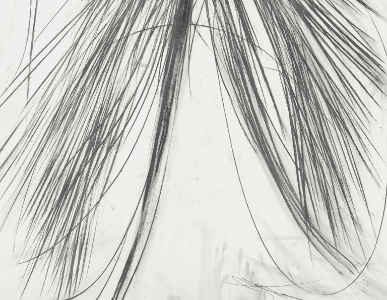 Framed abstract drawing showing X-shaped black graphite burst with radiating lines on white background