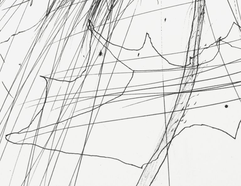 Framed drawing of radiating black graphite lines bursting from central point, matted in white