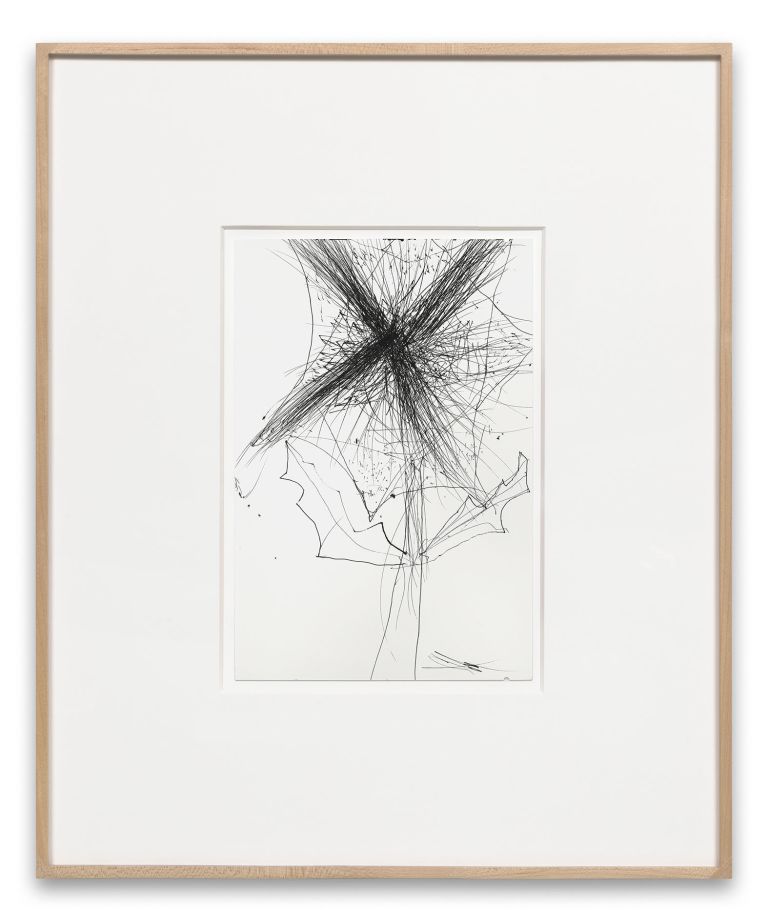 Framed drawing of X-shaped black graphite burst with flowing lines, matted in white frame