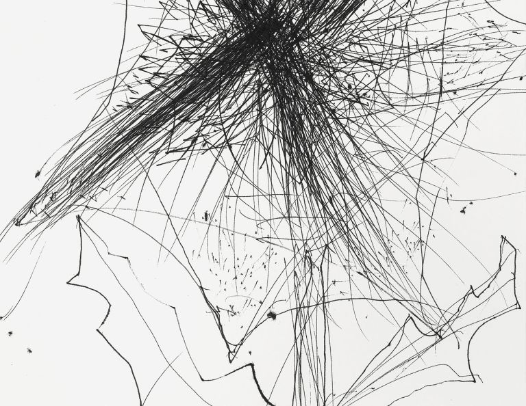 Framed drawing of X-shaped black graphite burst with flowing lines, matted in white frame