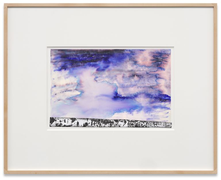 Framed abstract watercolor in blue and pink tones with black textured strip at bottom