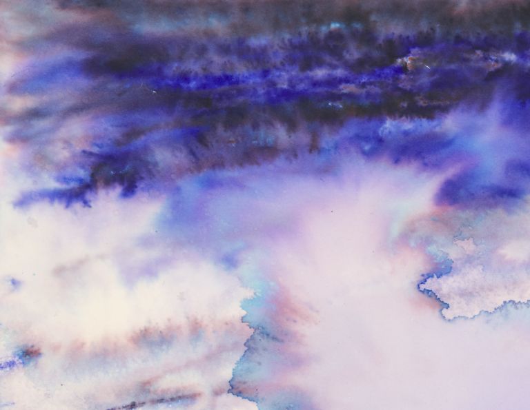 Framed abstract watercolor in blue and pink tones with black textured strip at bottom