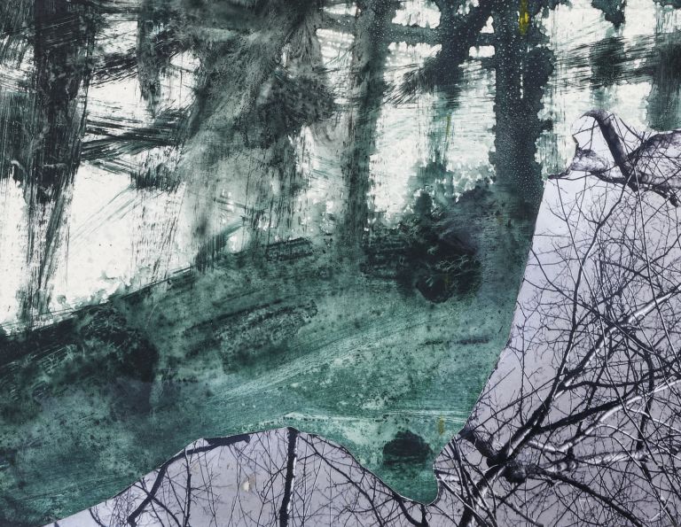 Framed mixed media artwork with green watercolor forest and graphite lines over white matting