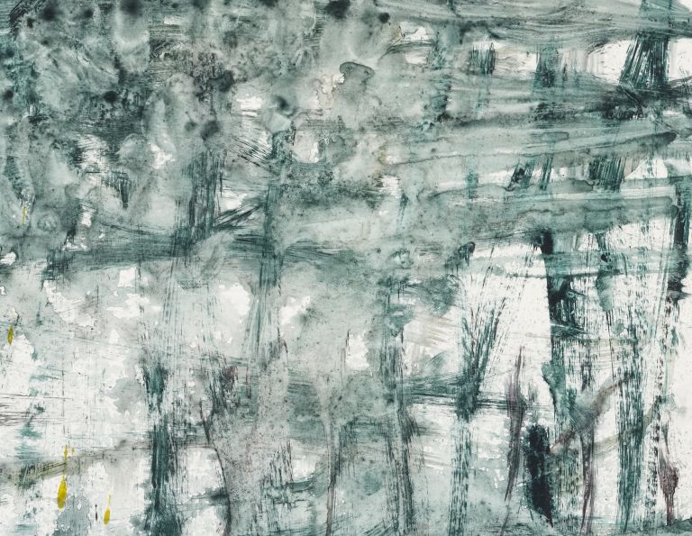 Framed mixed media artwork with green watercolor forest and graphite lines over white matting