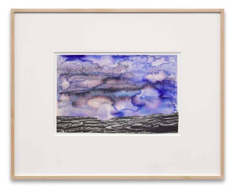 Framed mixed media artwork with purple-blue watercolor sky above black graphite textured ground