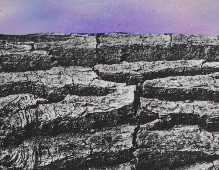 Framed mixed media artwork with purple-blue watercolor sky above black graphite textured ground