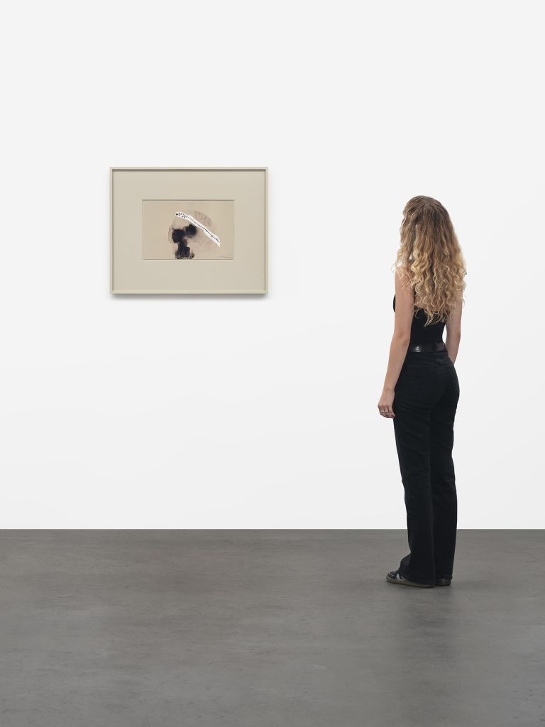 Framed mixed media artwork with watercolor organic form and white botanical elements with graphite