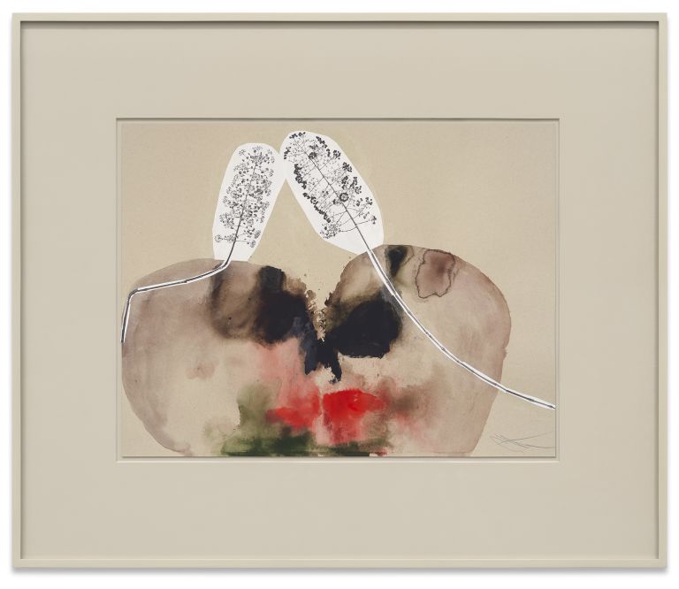 Framed mixed media artwork with watercolor organic form and white botanical elements with graphite