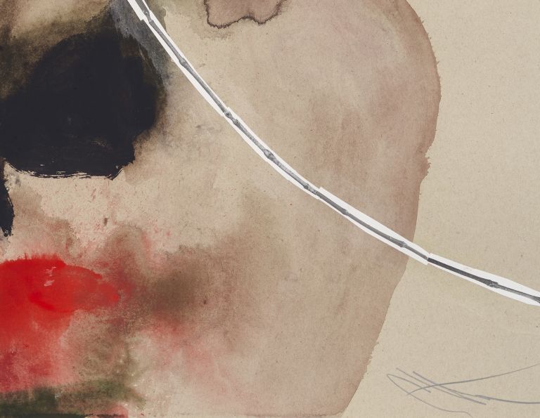 Framed mixed media artwork with watercolor organic form and white botanical elements with graphite