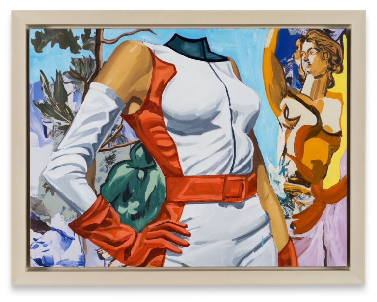 Headless figure in white outfit with red belt and gloves, classical nude figure reflected in mirror at right.