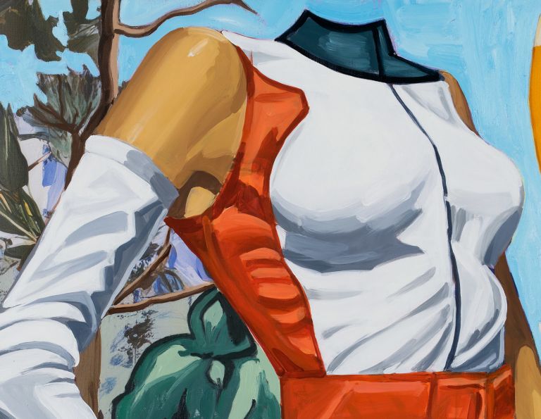 Headless figure in white outfit with red belt and gloves, classical nude figure reflected in mirror at right.