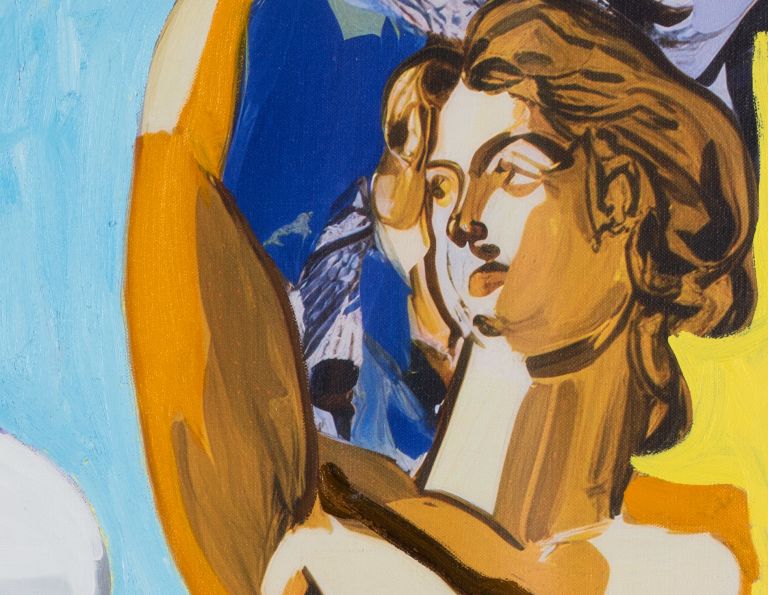 Headless figure in white outfit with red belt and gloves, classical nude figure reflected in mirror at right.