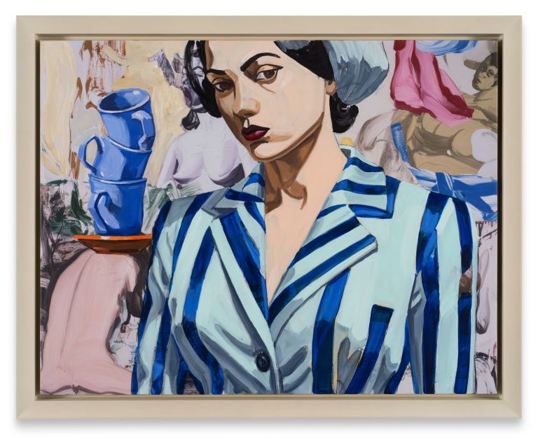 Painting of a dark-haired woman in a blue-striped jacket, stacked blue mugs beside her, nude figures in background.