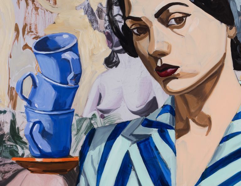 Painting of a dark-haired woman in a blue-striped jacket, stacked blue mugs beside her, nude figures in background.