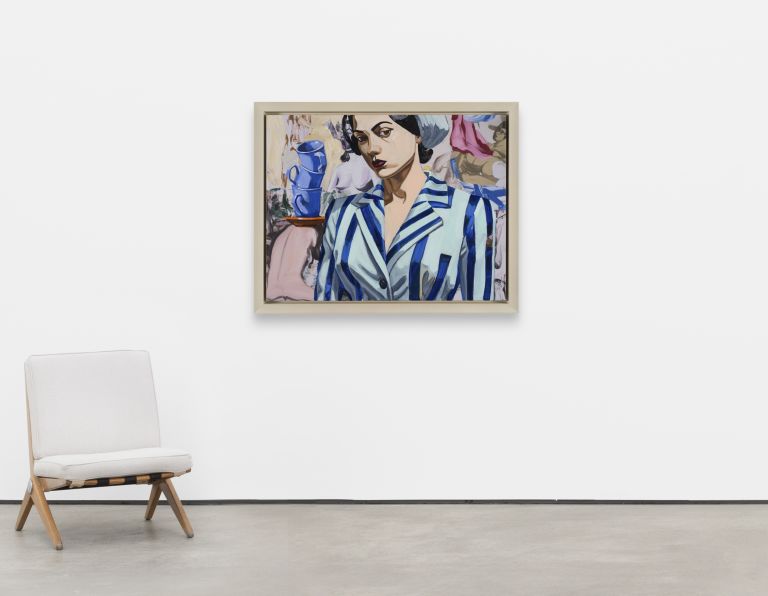 Painting of a dark-haired woman in a blue-striped jacket, stacked blue mugs beside her, nude figures in background.