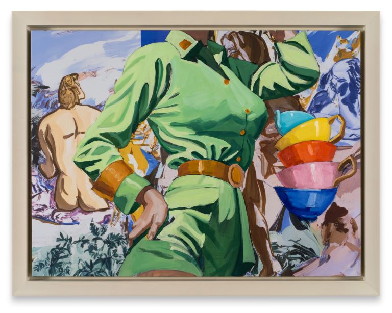 Headless figure in green jumpsuit with gold belt, stacked colorful cups at right, nude figures in background.