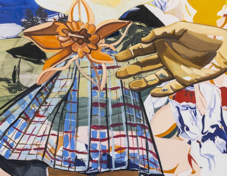 Figure in plaid skirt receiving a flower, oversized yellow and green armored torsos looming above.