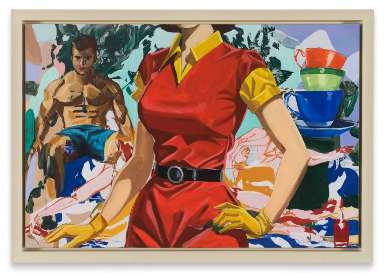 Red-dressed headless woman in yellow gloves, shirtless man behind, stacked colorful cups at right.