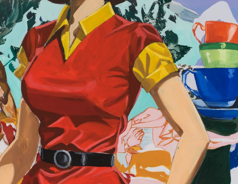 Red-dressed headless woman in yellow gloves, shirtless man behind, stacked colorful cups at right.