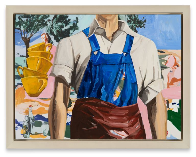 Headless figure in blue overalls and white shirt, stacked yellow cups at left, picnic scene behind.