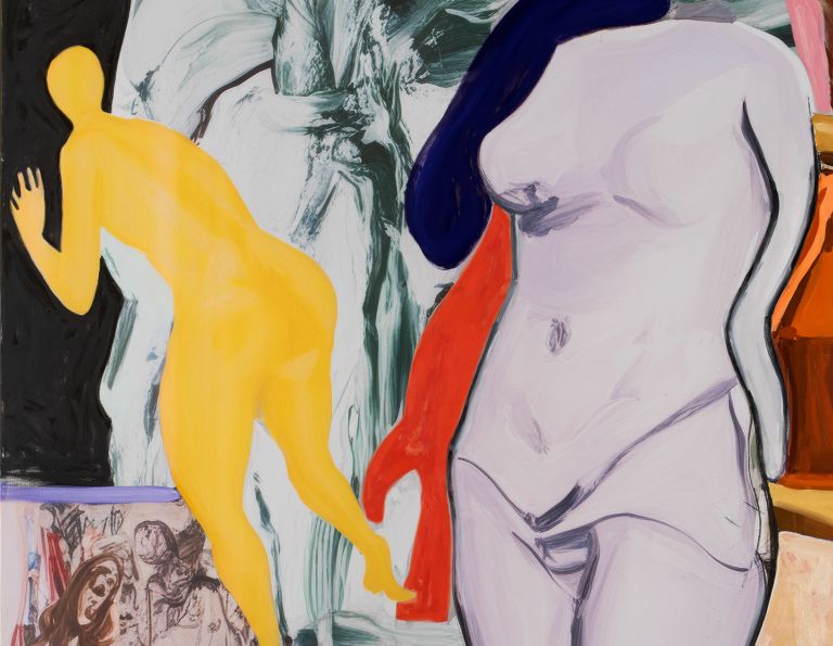 Collage-like painting: yellow figure, grey nude torso, reclining orange figure, boy in striped shirt.