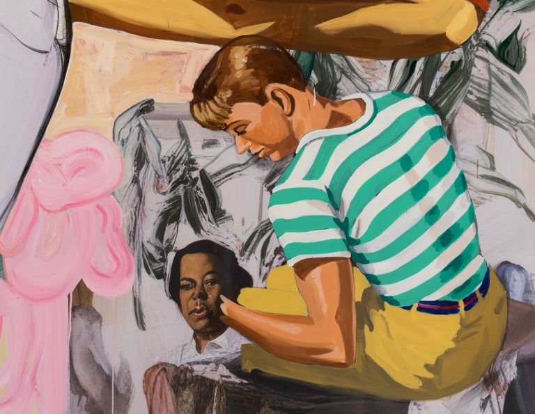 Collage-like painting: yellow figure, grey nude torso, reclining orange figure, boy in striped shirt.