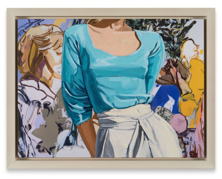 Cropped female torso in teal top and white skirt; layered background with figures and abstract shapes.