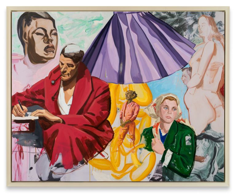 Man in red dressing gown writing, large purple dress above; surrounding figures include a man in a green jacket.