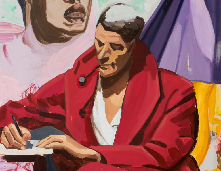 Man in red dressing gown writing, large purple dress above; surrounding figures include a man in a green jacket.
