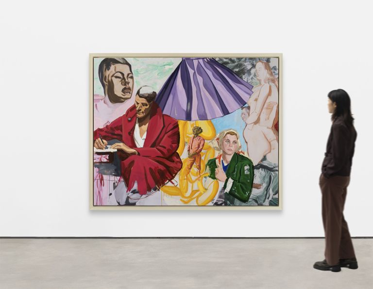 Man in red dressing gown writing, large purple dress above; surrounding figures include a man in a green jacket.